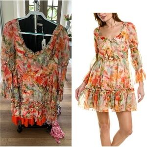 MARCHESA NOTTE Ruffled floral-print chiffon mini dress size 10